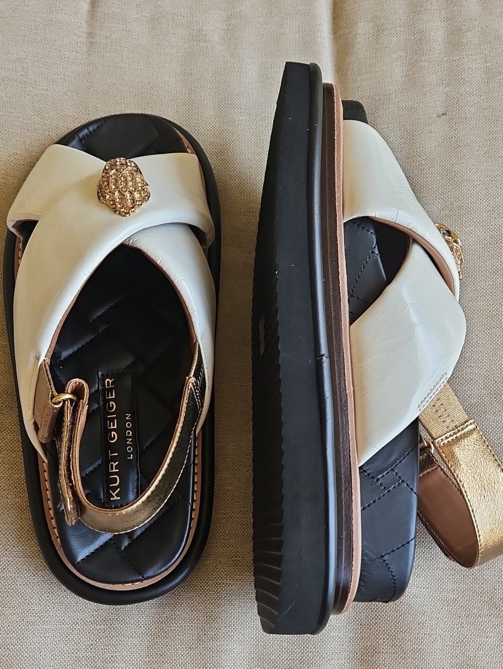 Kurt Geiger London Orson Cross Strap Leather Platform Sandals White Gold EU40, 9 - Picture 7 of 12